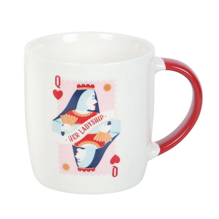 A white ceramic mug with a red handle featuring a queen of hearts playing card design and the phrase “Her Ladyship.” The mug sits on a white circular tray, offering a classy and playful tribute to the leading lady in your life.