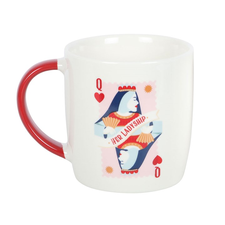 A white ceramic mug with a red handle featuring a queen of hearts playing card design and the phrase “Her Ladyship.” The mug sits on a white circular tray, offering a classy and playful tribute to the leading lady in your life.