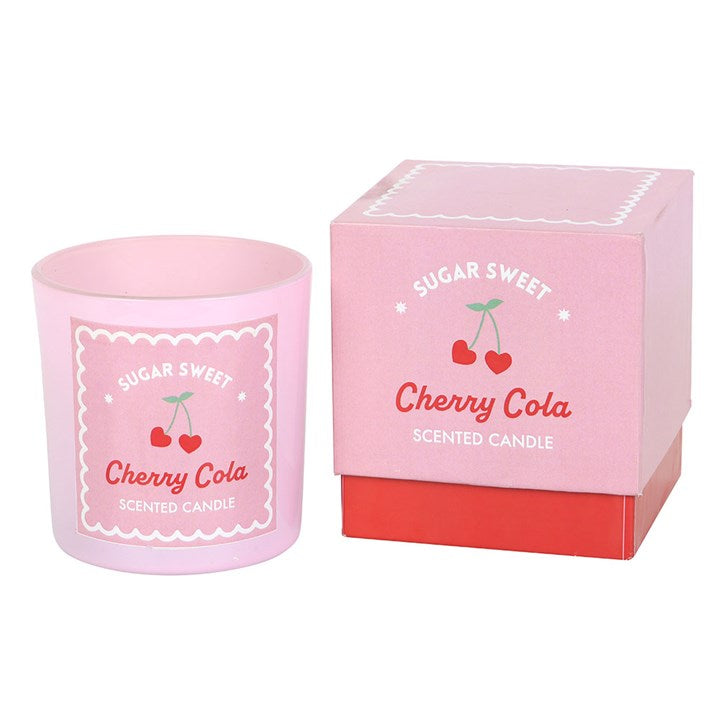 Sugar Sweet Cherry Cola scented candle in a pink glass jar with a retro cherry-themed label, packaged in a matching decorative box, perfect for adding a sweet and nostalgic touch to your space