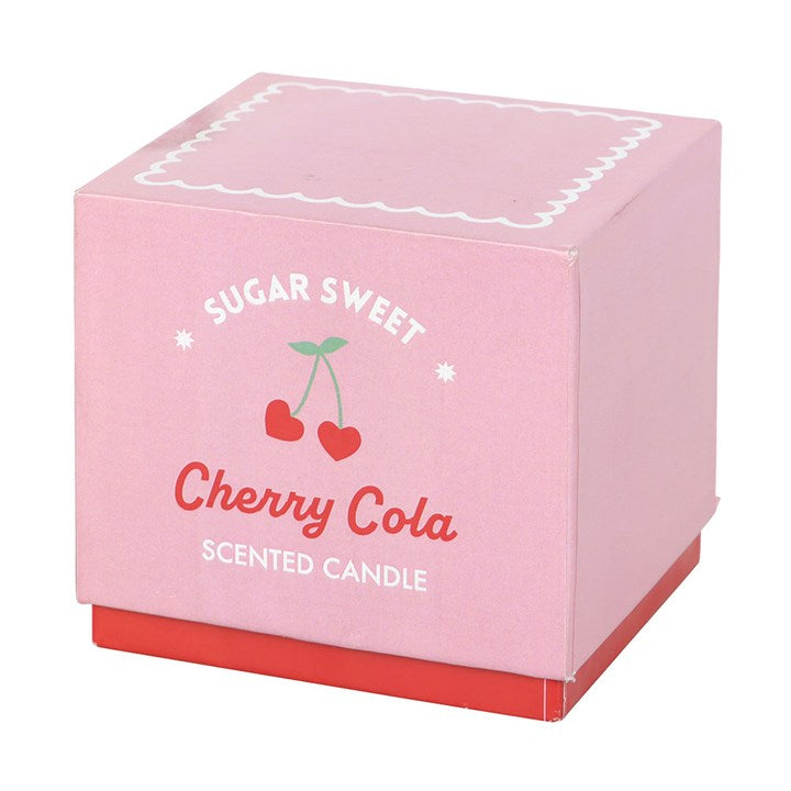 Sugar Sweet Cherry Cola scented candle in a pink glass jar with a retro cherry-themed label, packaged in a matching decorative box, perfect for adding a sweet and nostalgic touch to your space