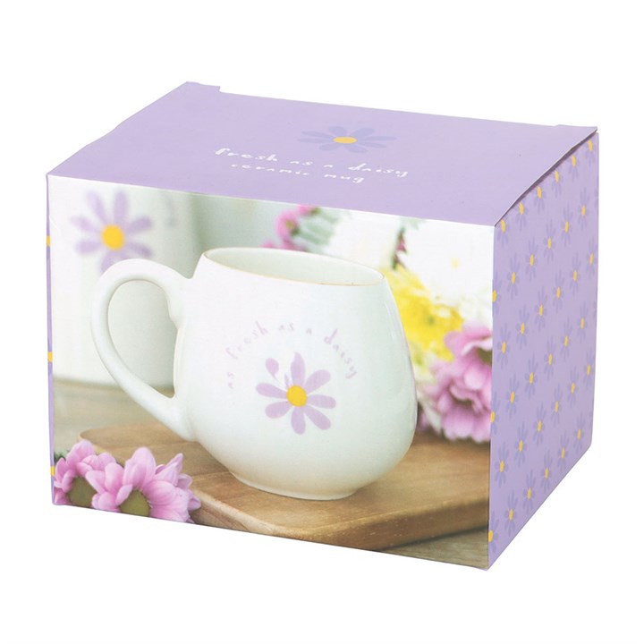 White ceramic mug with 'As fresh as a daisy' text and a purple daisy design with a yellow center. Perfect for tea or coffee, adding a touch of floral charm to your daily routine.