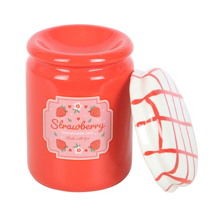 A strawberry jam-themed oil burner and wax warmer designed to look like a vintage jam jar, featuring a glossy red finish, a white ceramic lid with a red crisscross pattern, and a charming strawberry label.
