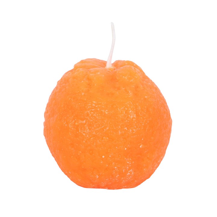 A set of three unscented, orange-shaped candles with a textured surface, placed on a wooden board. The candles have a bright orange hue and white wicks, resembling real oranges.