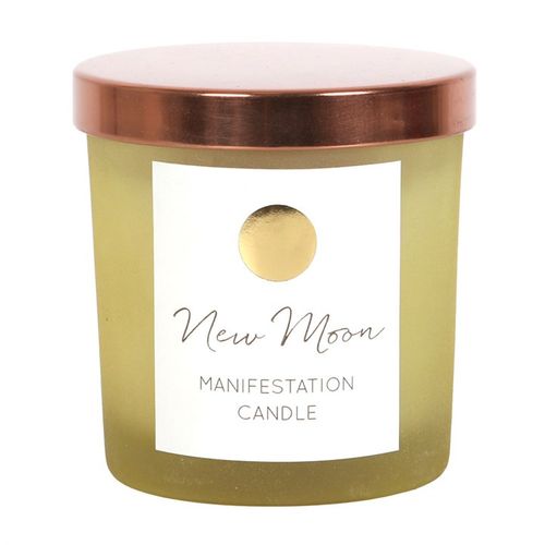 New Moon Wild Orange Manifestation Candle with Clear Quartz, featuring a frosted glass jar, copper lid, and elegant gold moon detail. Perfect for setting intentions and creating a calming atmosphere.