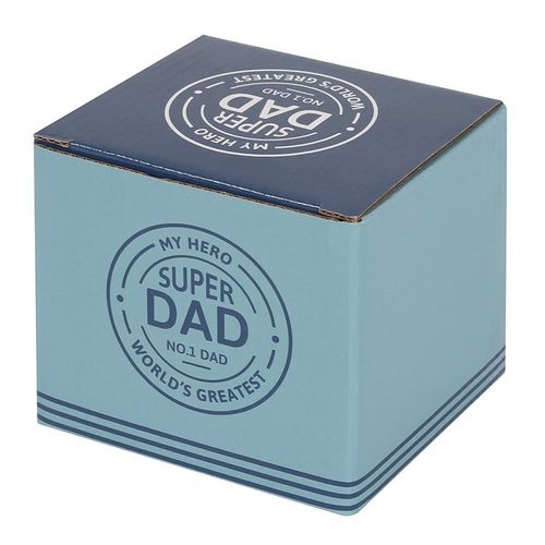 A white ceramic mug with a blue interior and handle, featuring a circular blue design that reads "My Hero, Super Dad, No.1 Dad, World's Greatest." The mug has a modern look, perfect for gifting to fathers on special occasions.