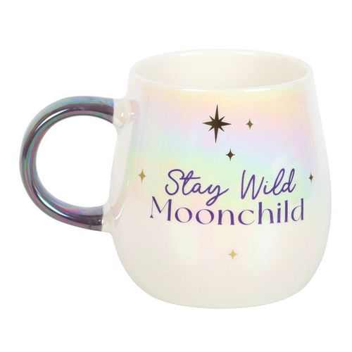 An iridescent ceramic mug with the phrase "Stay Wild Moonchild" in gold and purple lettering, surrounded by star accents. It features a rounded body and a shiny purple handle, blending celestial style with everyday function.