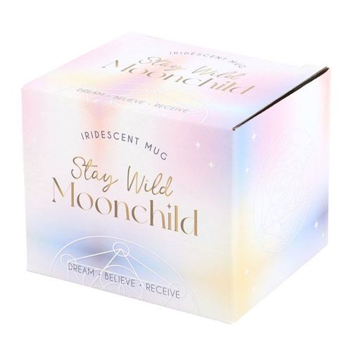 An iridescent ceramic mug with the phrase "Stay Wild Moonchild" in gold and purple lettering, surrounded by star accents. It features a rounded body and a shiny purple handle, blending celestial style with everyday function.