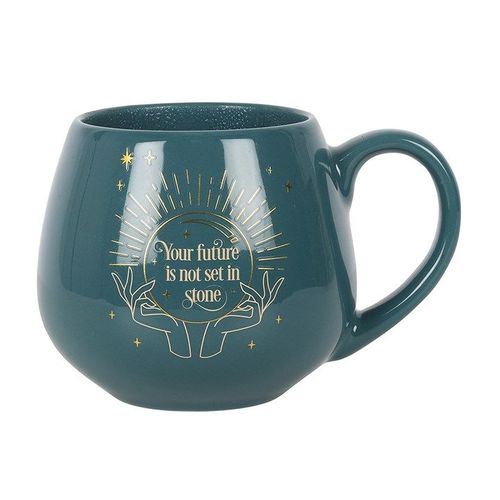 A dark green ceramic mug with a rounded shape and a gold mystical crystal ball design. The phrase “Your future is not set in stone” appears within the crystal ball. The mug features a color-change element that reveals the hidden message when filled with a hot drink.