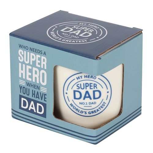 A white ceramic mug with a blue interior and handle, featuring a circular blue design that reads "My Hero, Super Dad, No.1 Dad, World's Greatest." The mug has a modern look, perfect for gifting to fathers on special occasions.