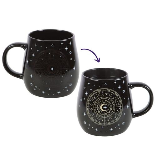 Black heat-changing celestial mug featuring a gold Astrology Wheel design surrounded by twinkling stars. The design appears when a hot beverage is poured in. 500ml capacity, dishwasher safe, not microwave safe