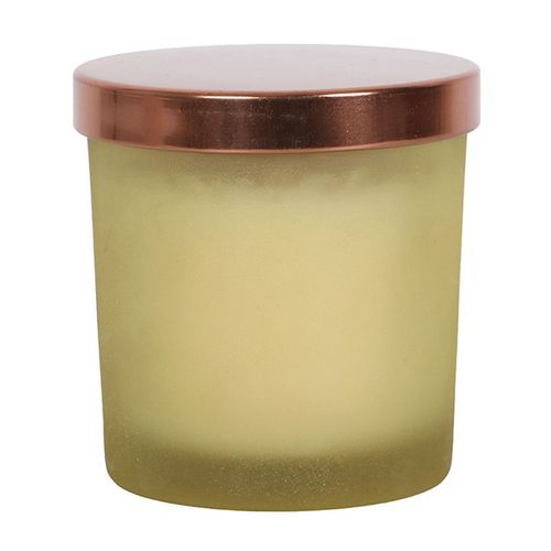 New Moon Wild Orange Manifestation Candle with Clear Quartz, featuring a frosted glass jar, copper lid, and elegant gold moon detail. Perfect for setting intentions and creating a calming atmosphere.