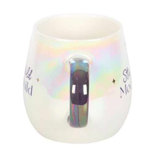 An iridescent ceramic mug with the phrase "Stay Wild Moonchild" in gold and purple lettering, surrounded by star accents. It features a rounded body and a shiny purple handle, blending celestial style with everyday function.