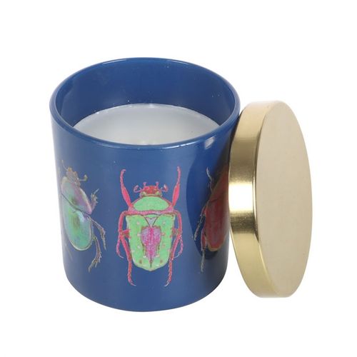 Whimsical beetle-themed Amber and Vanilla scented candle with a navy blue jar, colorful beetle design, and a gold lid, paired with a matching decorative box. Amber and vanilla fragrance, perfect for unique home decor and gifting.