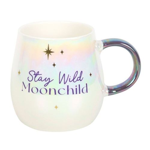 An iridescent ceramic mug with the phrase "Stay Wild Moonchild" in gold and purple lettering, surrounded by star accents. It features a rounded body and a shiny purple handle, blending celestial style with everyday function.