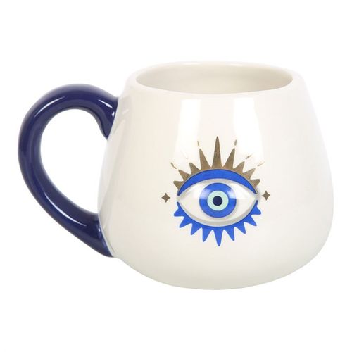 White rounded ceramic mug featuring a striking All-Seeing Eye design with metallic gold accents, symbolizing protection, good luck, and positive energy. 500ml capacity.