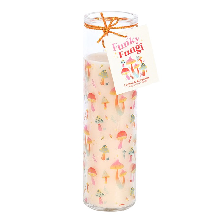Funky Fungi Mushroom Print Tube Candle with a colorful mushroom design, lemon and bergamot fragrance, and an orange ribbon accent. Perfect for home decor or gifting