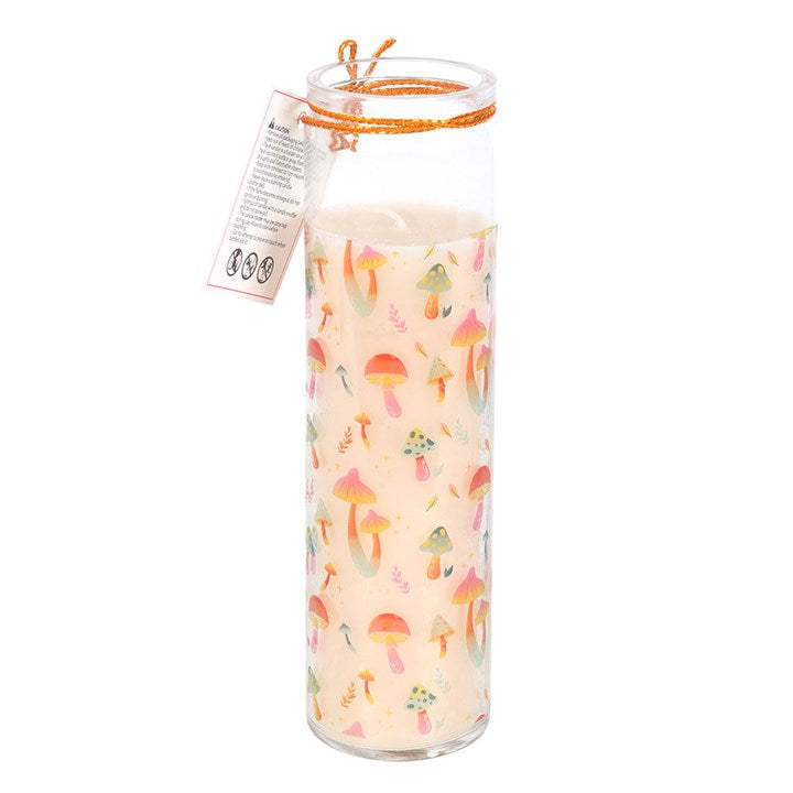 Funky Fungi Mushroom Print Tube Candle with a colorful mushroom design, lemon and bergamot fragrance, and an orange ribbon accent. Perfect for home decor or gifting