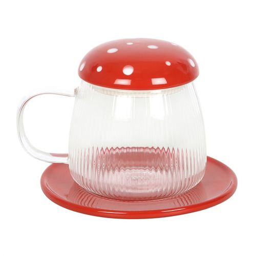 Glass mushroom mug with a ribbed design, a red polka-dot lid shaped like a mushroom cap, and a matching red saucer. A whimsical and functional addition to your drinkware collection