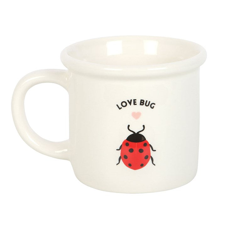 Love Bug ceramic mug featuring a charming ladybird design with 3D ladybird accents, perfect for coffee or tea lovers seeking a cute and whimsical addition to their drinkware.