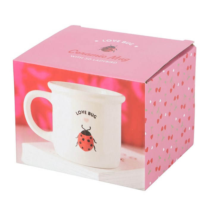 Love Bug ceramic mug featuring a charming ladybird design with 3D ladybird accents, perfect for coffee or tea lovers seeking a cute and whimsical addition to their drinkware.