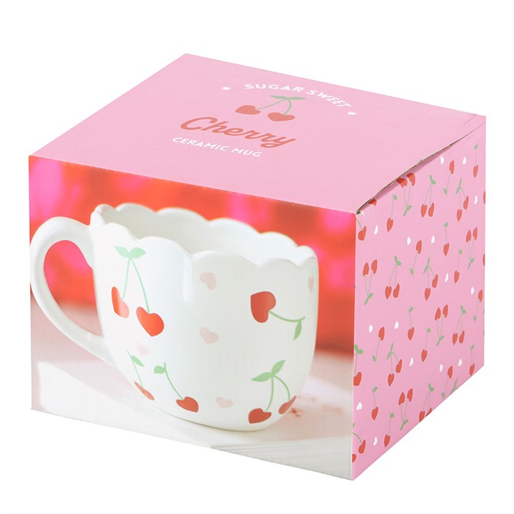 White ceramic scalloped mug featuring a charming cherry print design, perfect for enjoying coffee, tea, or hot cocoa with a touch of whimsy