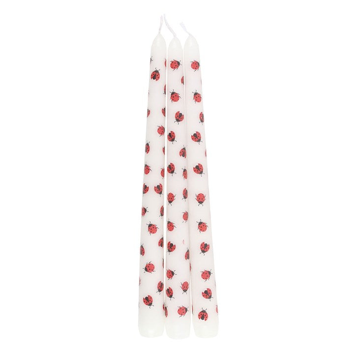 Set of 3 Love Bug taper candles with adorable ladybird designs, packaged in a pink box with a heart-themed label, perfect for romantic or whimsical decor