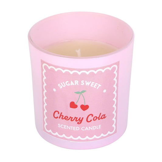 Sugar Sweet Cherry Cola scented candle in a pink glass jar with a retro cherry-themed label, packaged in a matching decorative box, perfect for adding a sweet and nostalgic touch to your space