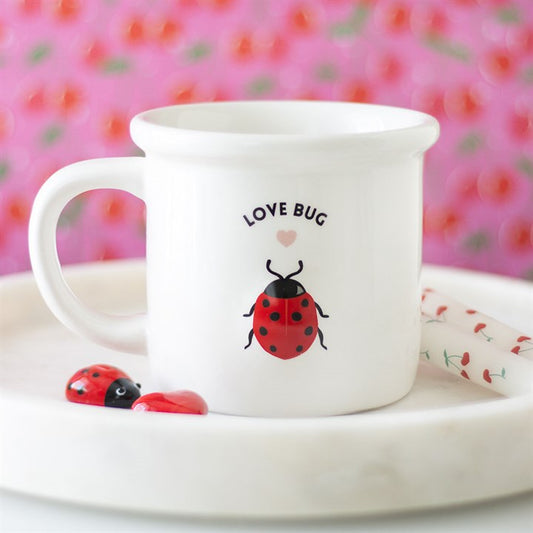 Love Bug ceramic mug featuring a charming ladybird design with 3D ladybird accents, perfect for coffee or tea lovers seeking a cute and whimsical addition to their drinkware.