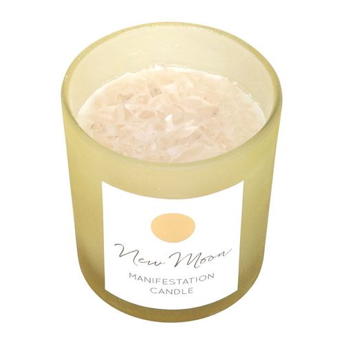 New Moon Wild Orange Manifestation Candle with Clear Quartz, featuring a frosted glass jar, copper lid, and elegant gold moon detail. Perfect for setting intentions and creating a calming atmosphere.