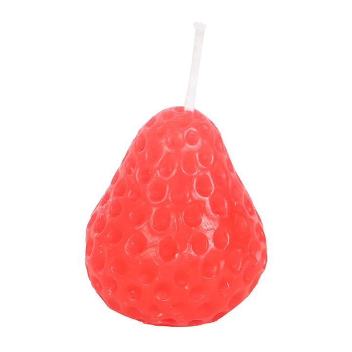 A set of three unscented, strawberry-shaped candles with a textured surface, placed on a wooden board. The candles have a vibrant red-orange hue and white wicks, adding a decorative touch