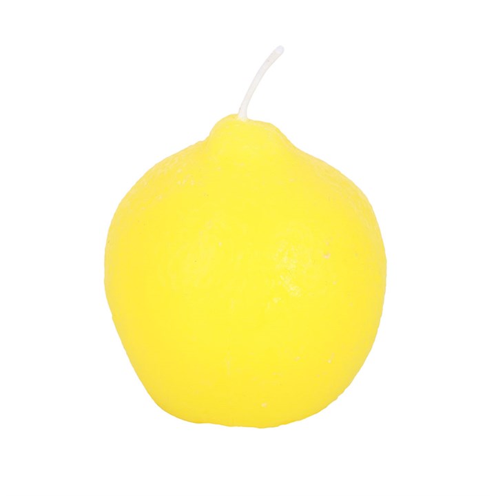 A set of three unscented, lemon-shaped candles with a smooth, glossy texture, placed on a wooden board. The candles have a bright yellow hue and white wicks, resembling real lemons