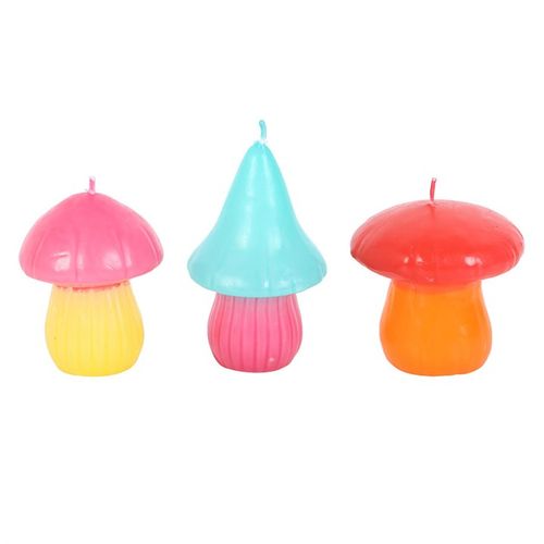 Set of 3 colourful mushroom-shaped candles in pink, turquoise, and orange, perfect for whimsical home decor or unique gift ideas.