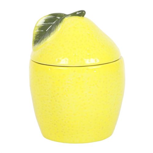 Bright yellow ceramic lemon oil burner with a textured surface and lemon slice design on top, perfect for melting wax or diffusing essential oils to create a refreshing ambiance