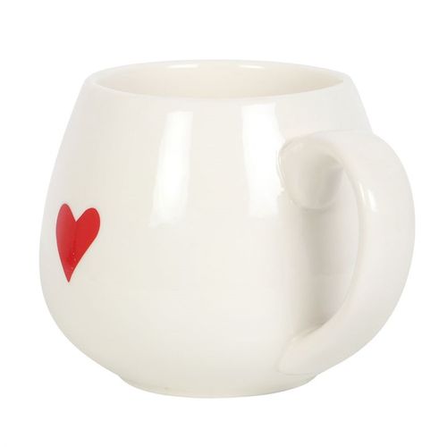 White rounded ceramic mug with a red heart design on the exterior and a hidden 'Love You' message with a red heart at the bottom inside. Perfect for gifting or personal use.
