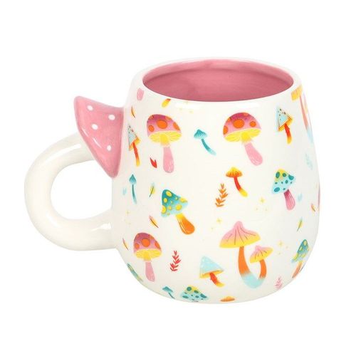A whimsical ceramic mug decorated with colorful mushroom illustrations and a pink interior. The handle is shaped like a pink mushroom cap with white spots, adding a playful and unique touch. Perfect for fun, cottagecore-inspired drinkware collections.