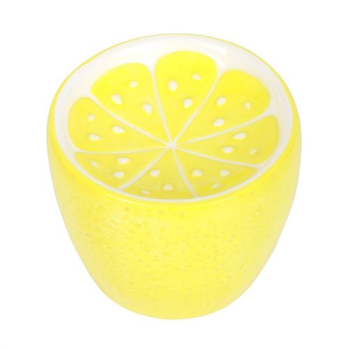 Bright yellow ceramic lemon oil burner with a textured surface and lemon slice design on top, perfect for melting wax or diffusing essential oils to create a refreshing ambiance