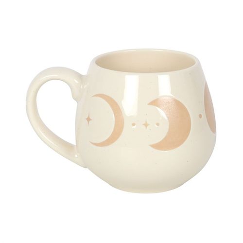 A cream-colored rounded ceramic mug featuring a minimalist moon phases design in soft gold tones. The mug has a smooth finish and a comfortable handle, blending modern style with a touch of celestial charm.