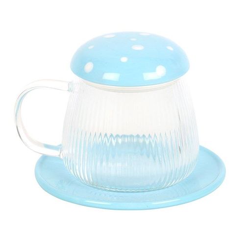 A whimsical glass mug with vertical ribbing, topped with a blue mushroom cap-style lid featuring white polka dots. The mug comes with a matching blue coaster and has a clear handle, creating a fun and cheerful aesthetic perfect for tea or coffee.