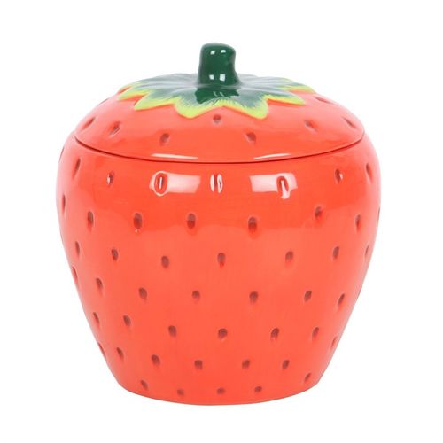 A ceramic strawberry-shaped oil burner with a removable lid, featuring a glossy red finish with tiny seed details and a green leafy top. The playful and vibrant design makes it a charming addition to any home décor.