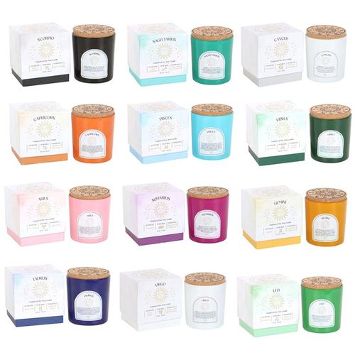 Set of 12 zodiac gemstone candles, each featuring a unique color, gemstone, and fragrance tailored to each zodiac sign, with cork lids and matching decorative boxes