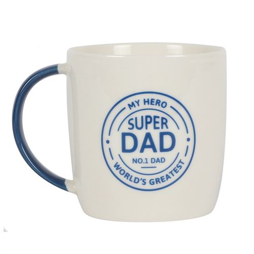 A white ceramic mug with a blue interior and handle, featuring a circular blue design that reads "My Hero, Super Dad, No.1 Dad, World's Greatest." The mug has a modern look, perfect for gifting to fathers on special occasions.