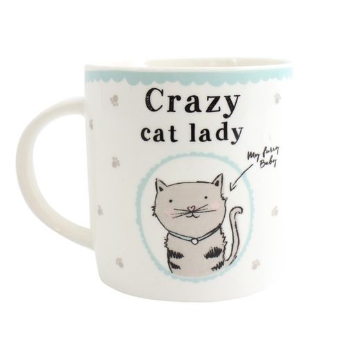 A white ceramic mug with the text “Crazy Cat Lady” and a cute cartoon cat illustration, accompanied by the phrase “My Furry Baby.” The mug is decorated with tiny paw prints and light blue trim, perfect for any cat enthusiast.