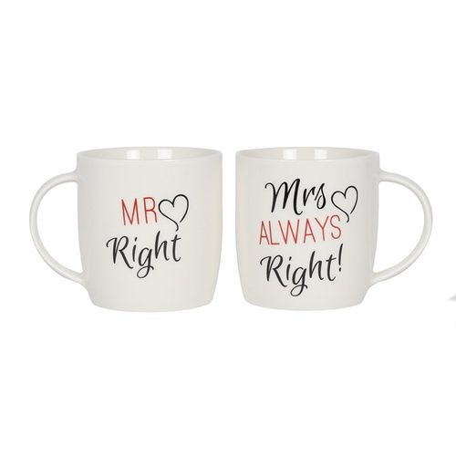 Set of 2 white ceramic mugs featuring 'Mr. Right' and 'Mrs. Always Right' text with heart accents, perfect for couples or wedding gifts